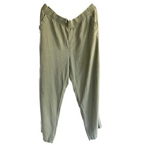 Womens Kakhi Green Linen Blend Pants Wide Leg Drawstring Elastic Waist Tall XL